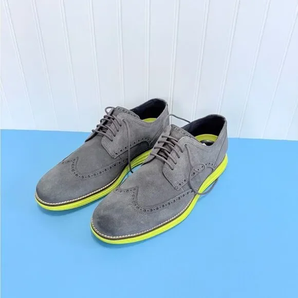 Cole Haan Grand.OS gray Suede Wingtips Yellow Sole Shoes Men's 9 1/2 M - Picture 14 of 17